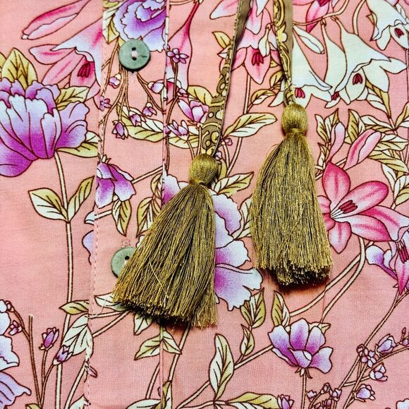 UMGEE Floral Short Dress Rose Gold Tassel Belt 3/4 Puff Sleeve Boho Flowy Large - Picture 7 of 11